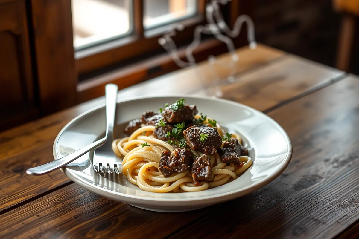 A plated serving of ground beef pasta with a fork