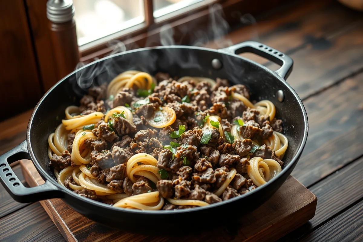 Ground beef browning in a cast-iron skillet for ground beef pasta