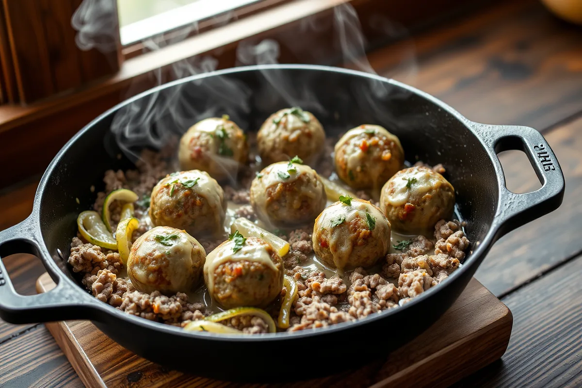 Ground beef browning in a cast-iron skillet for ground beef recipes kids love dinner