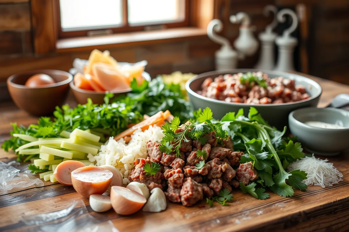 Fresh ingredients for ground beef shepherds pie laid out on the counter