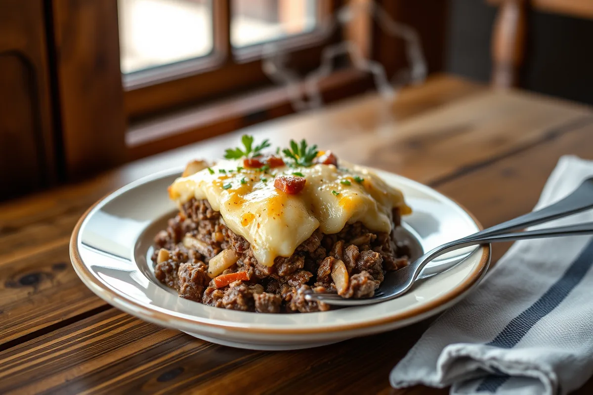 A plated serving of ground beef shepherds pie with a fork