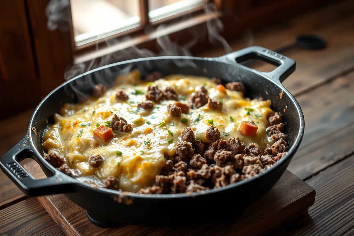 Ground beef browning in a cast-iron skillet for ground beef shepherds pie