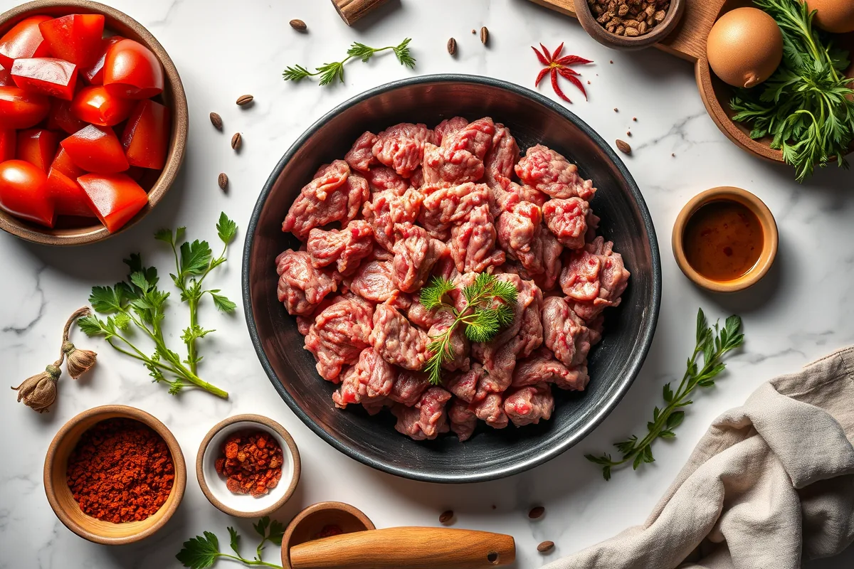 Fresh ingredients for ground beef skillet laid out on the counter