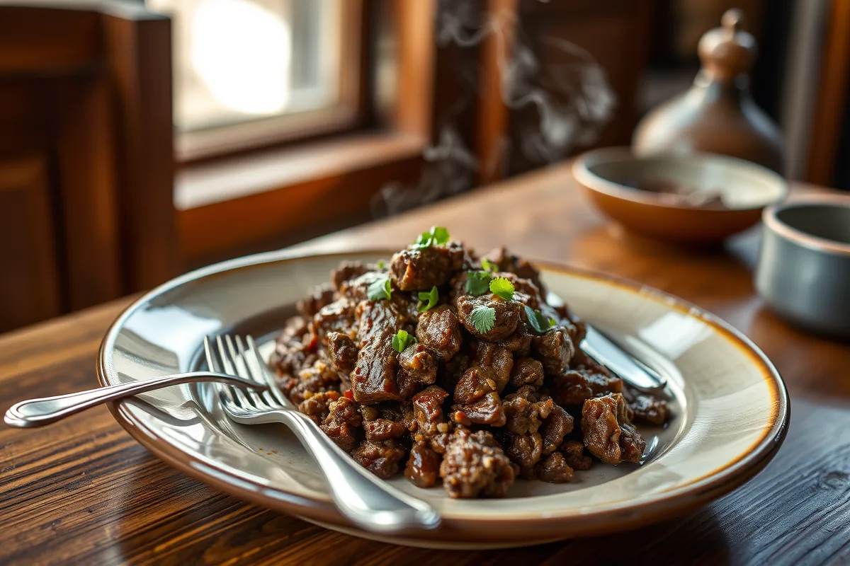 A plated serving of ground beef skillet with a fork