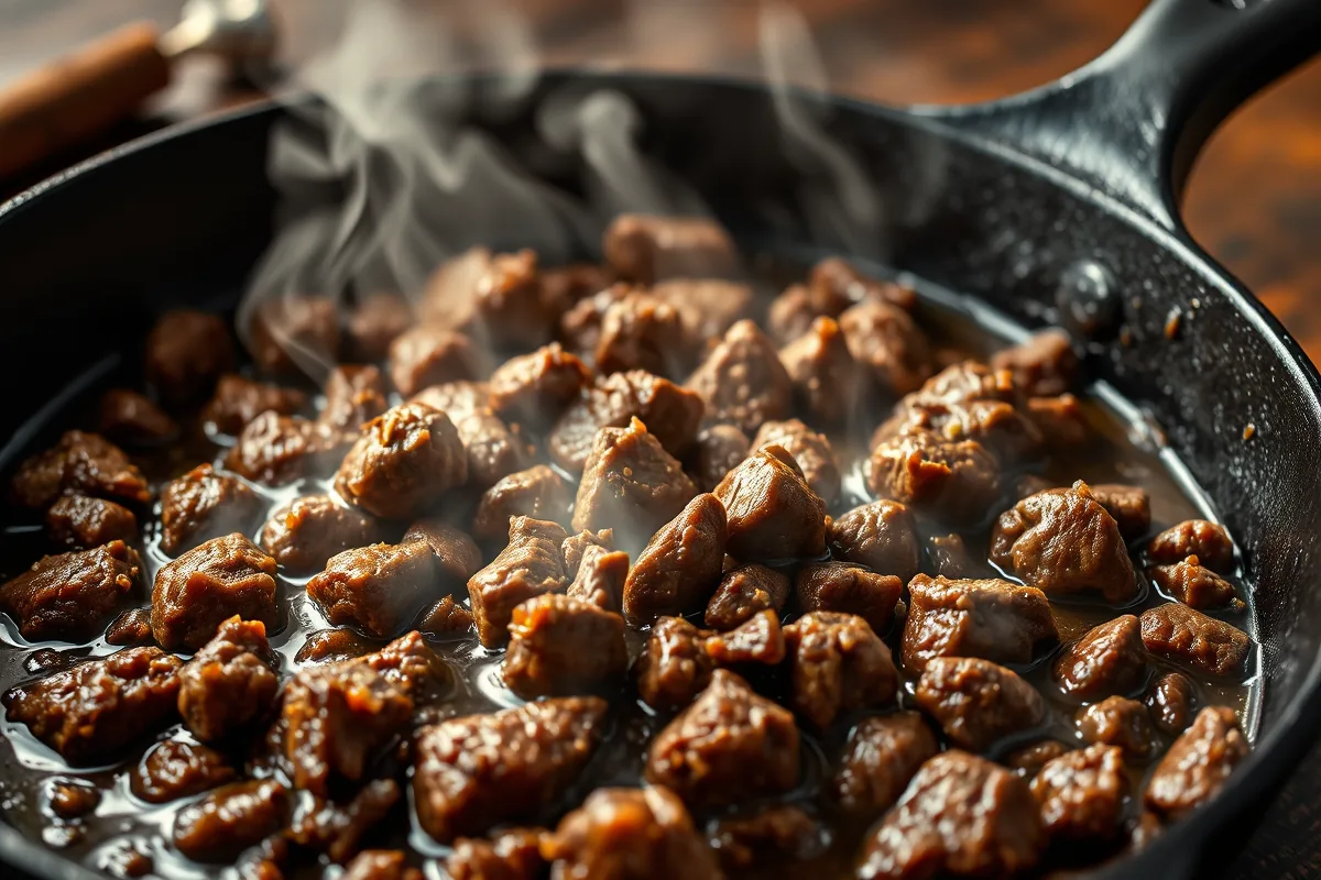 Ground beef browning in a cast-iron skillet for ground beef skillet