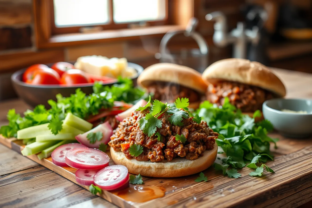 Fresh ingredients for ground beef sloppy joes laid out on the counter