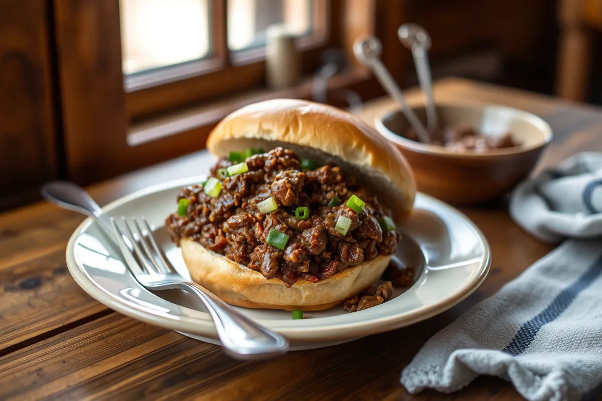 A plated serving of ground beef sloppy joes with a fork