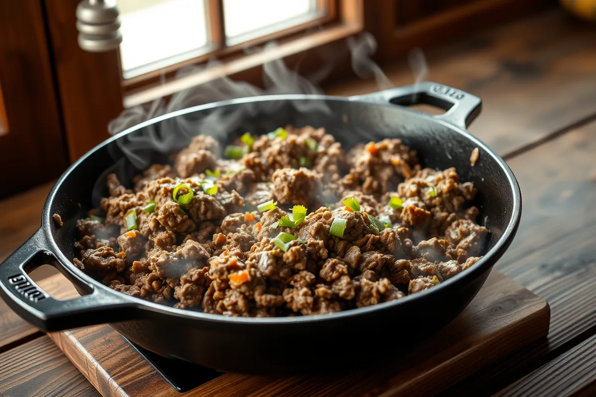 Ground beef browning in a cast-iron skillet for ground beef sloppy joes