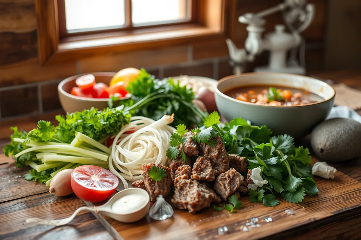 Fresh ingredients for ground beef soup laid out on the counter
