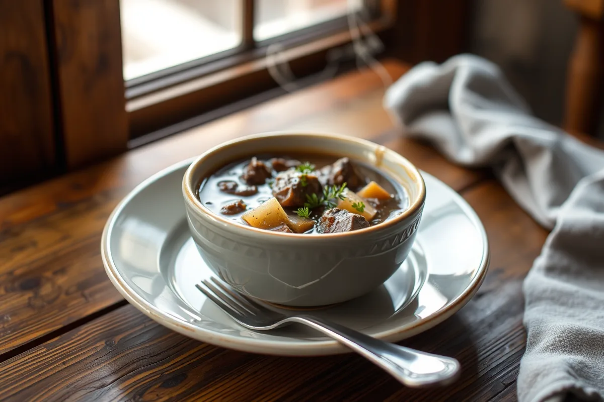 A plated serving of ground beef soup with a fork