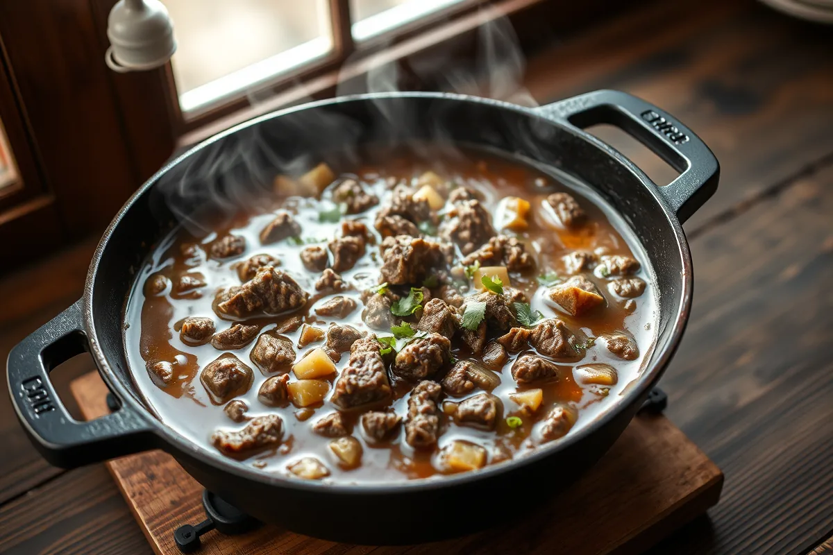 Ground beef browning in a cast-iron skillet for ground beef soup