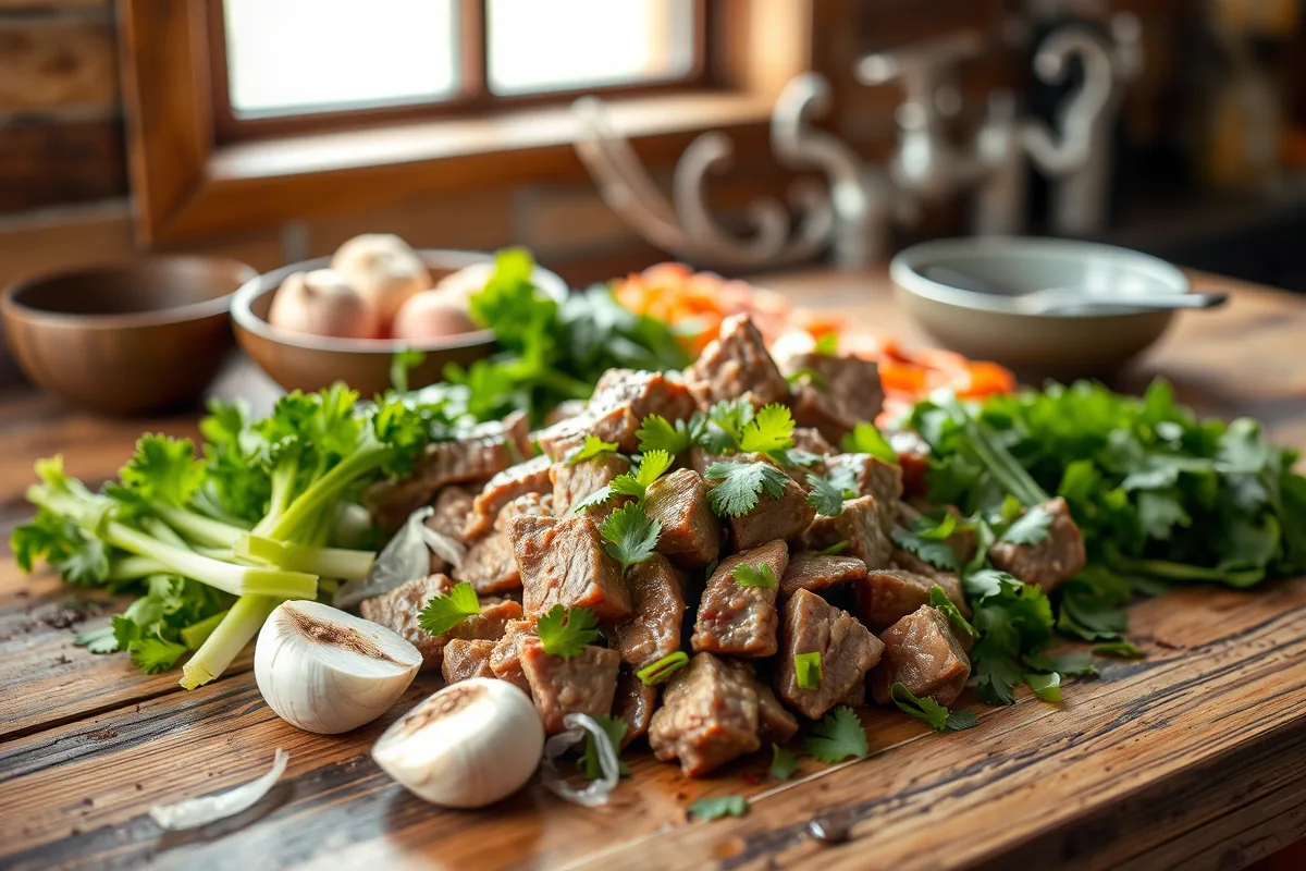 Fresh ingredients for ground beef stir fry laid out on the counter