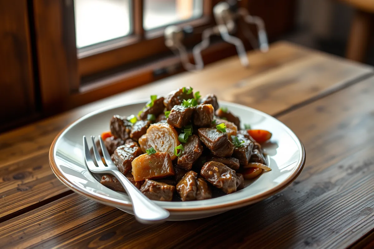 A plated serving of ground beef stir fry with a fork