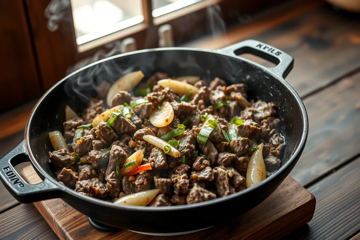 Ground beef browning in a cast-iron skillet for ground beef stir fry