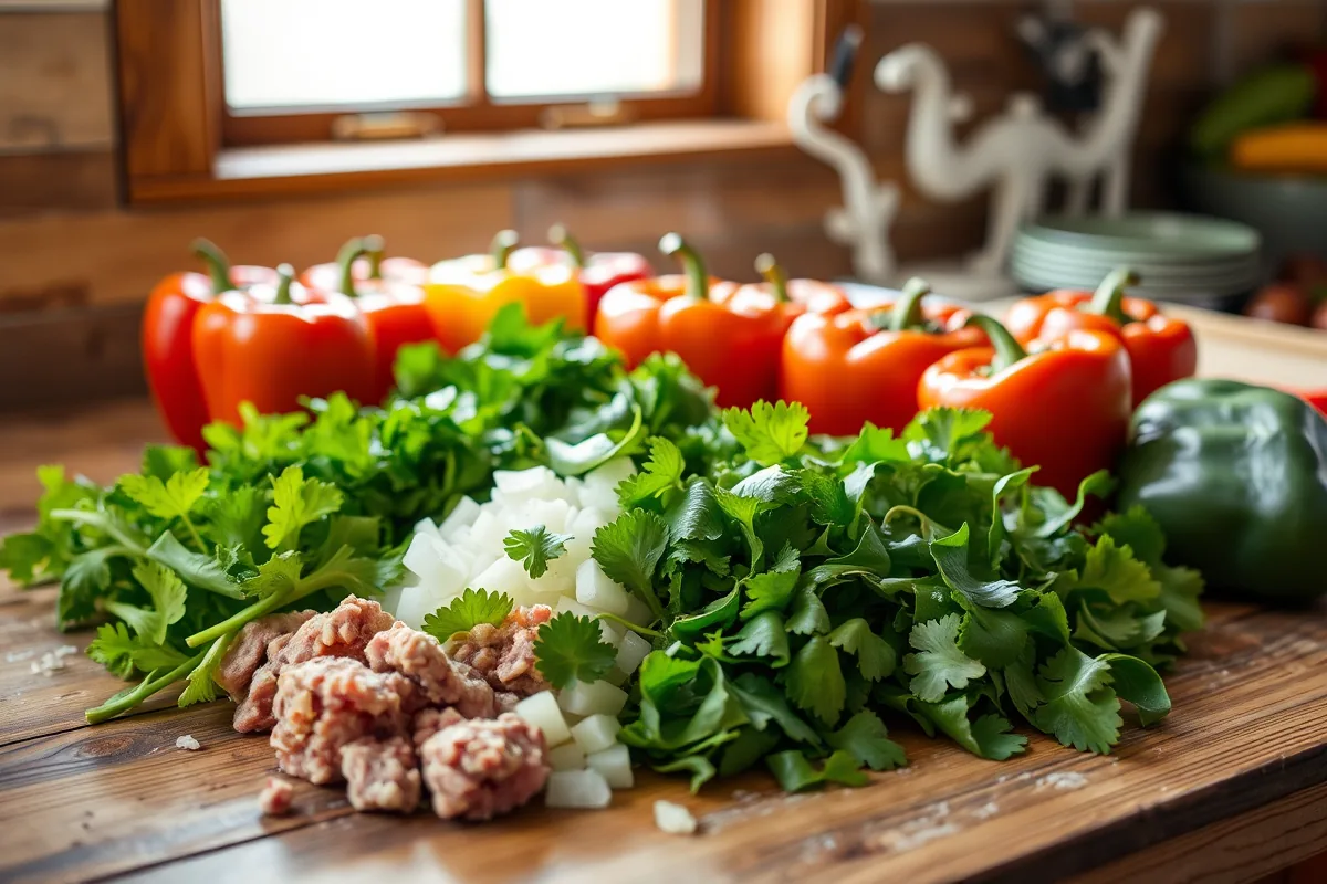 Fresh ingredients for ground beef stuffed peppers laid out on the counter