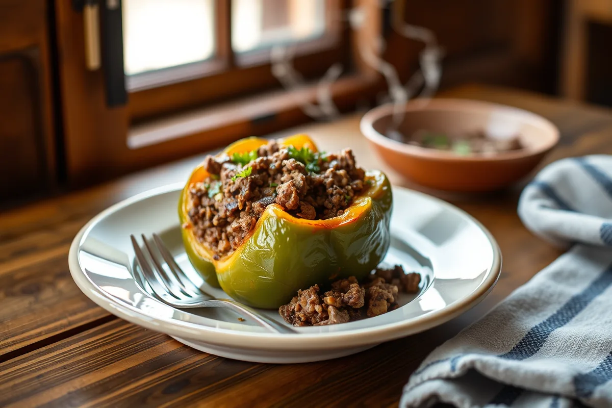A plated serving of ground beef stuffed peppers with a fork