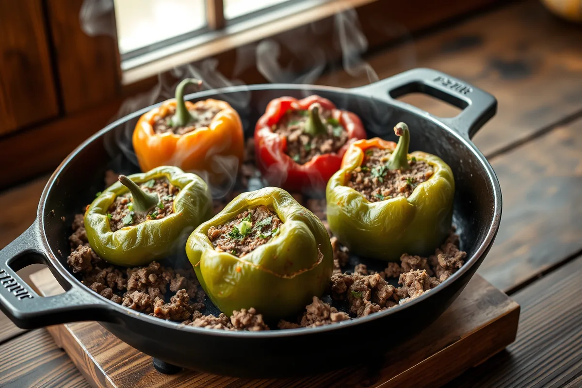 Ground beef browning in a cast-iron skillet for ground beef stuffed peppers