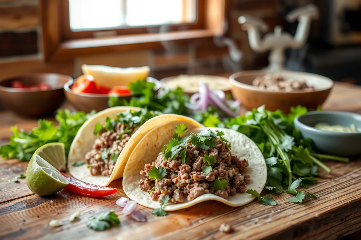 Fresh ingredients for ground beef taco laid out on the counter