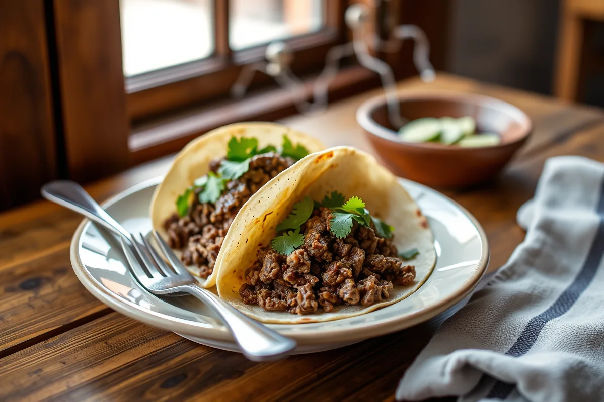 A plated serving of ground beef taco with a fork