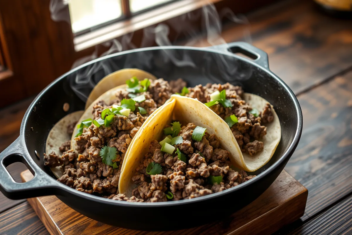 Ground beef browning in a cast-iron skillet for ground beef taco