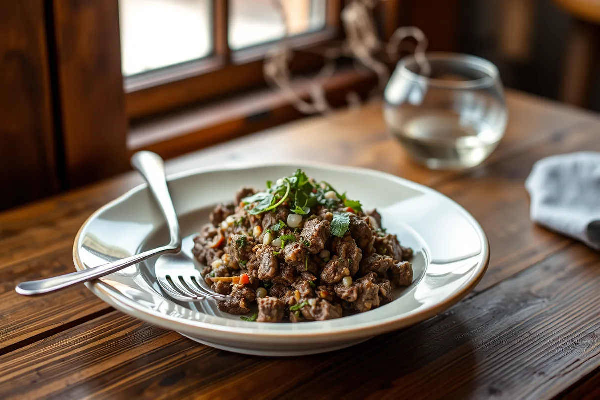 A plated serving of healthy ground beef dinner with a fork