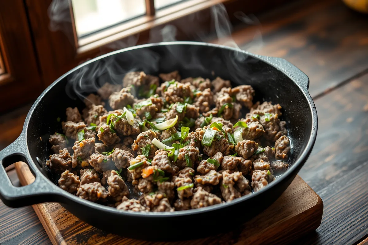 Ground beef browning in a cast-iron skillet for healthy ground beef dinner