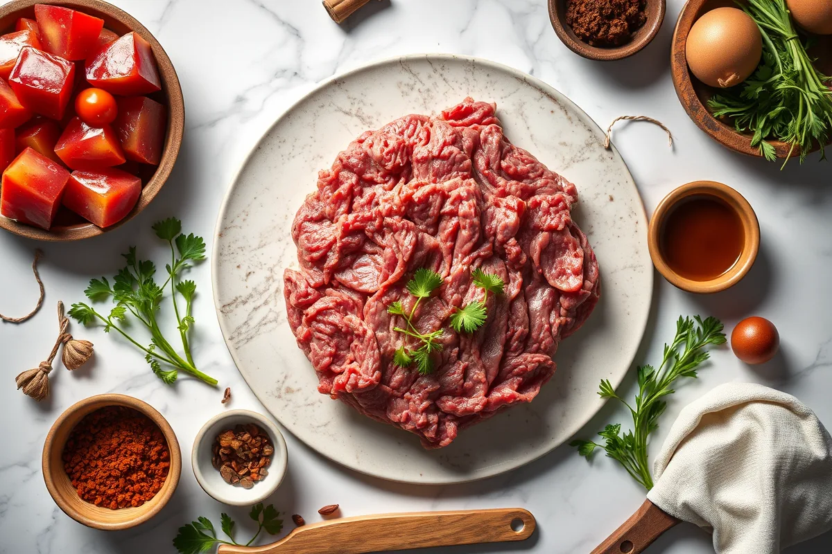 Fresh ingredients for high protein ground beef dinner laid out on the counter
