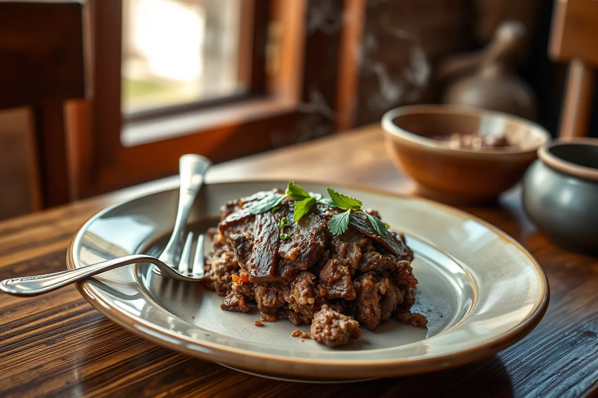 A plated serving of high protein ground beef dinner with a fork