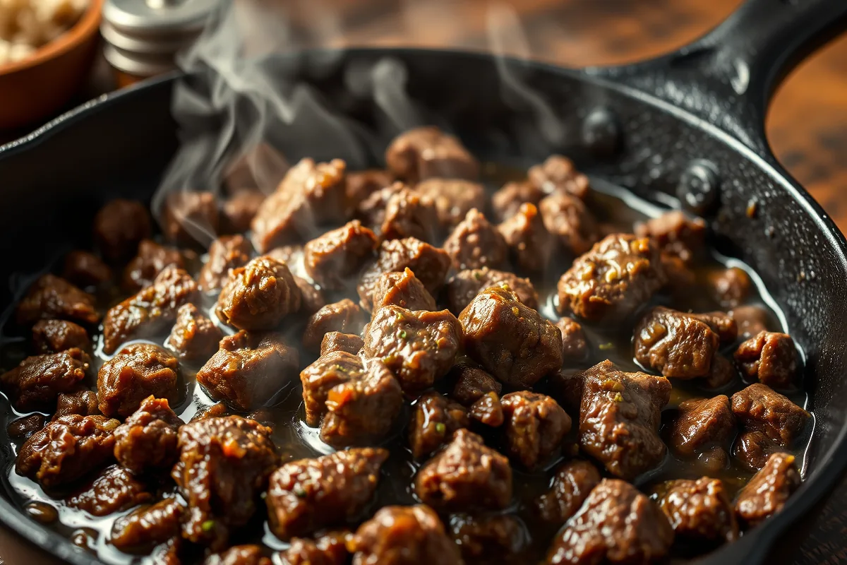 Ground beef browning in a cast-iron skillet for high protein ground beef dinner