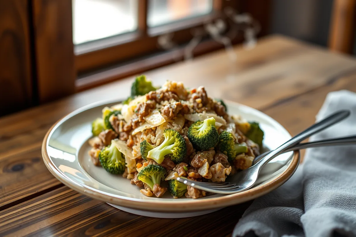 A plated serving of keto ground beef dinner with a fork