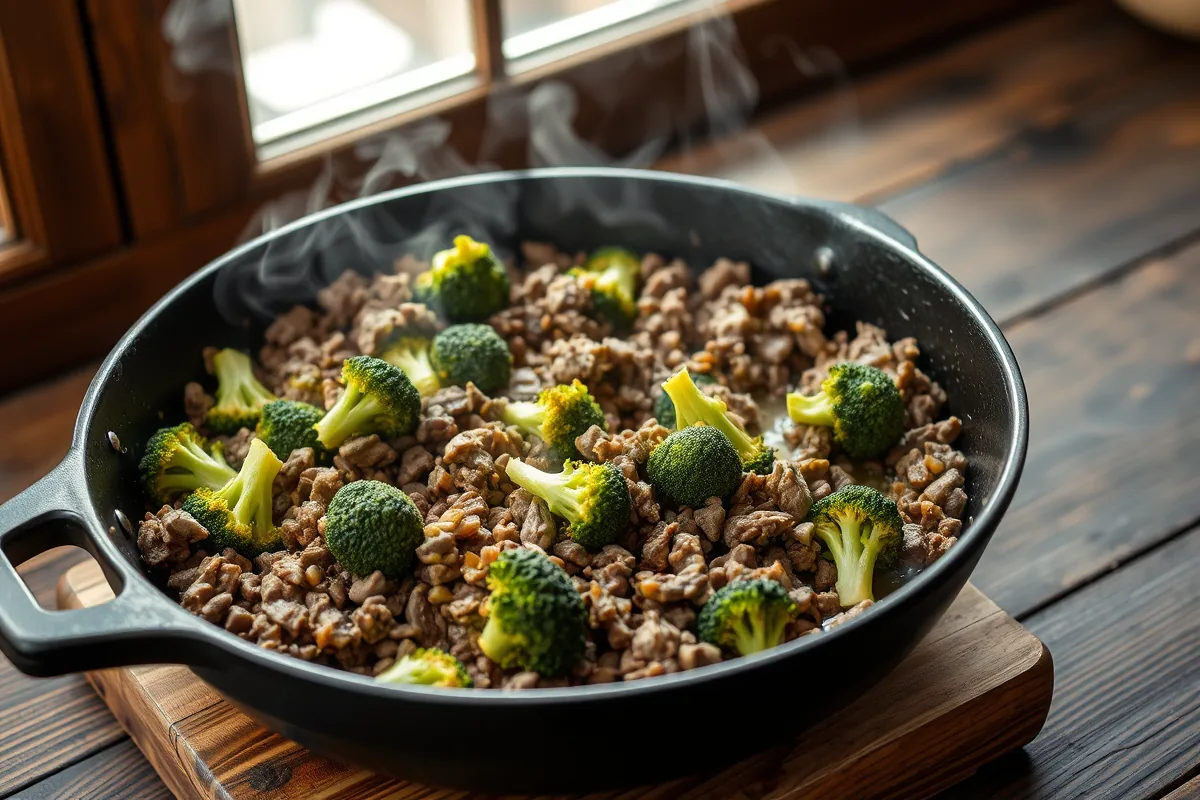 Ground beef browning in a cast-iron skillet for keto ground beef dinner