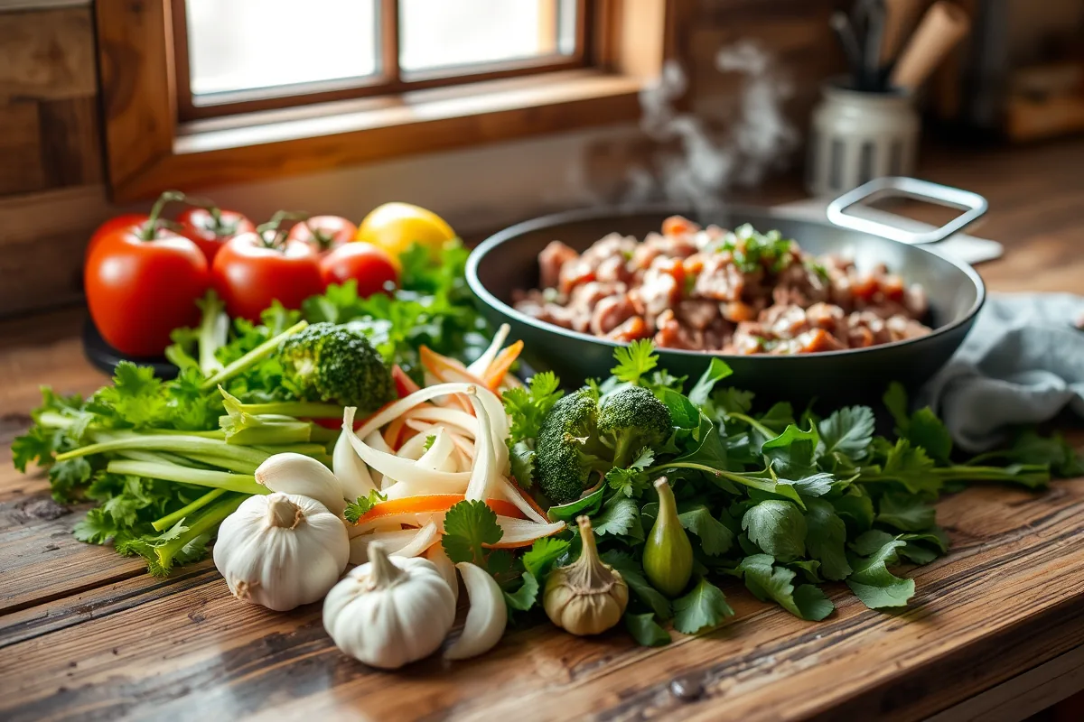 Fresh ingredients for one pan ground beef dinners laid out on the counter