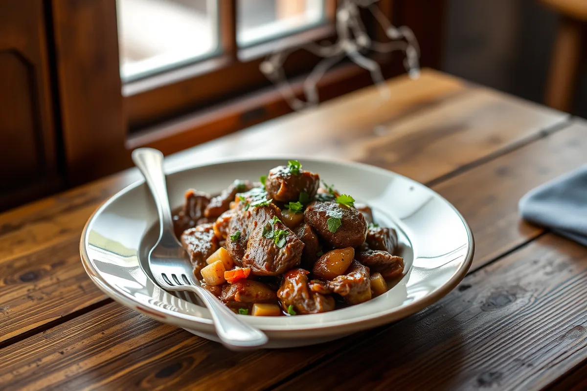 A plated serving of one pan ground beef dinners with a fork