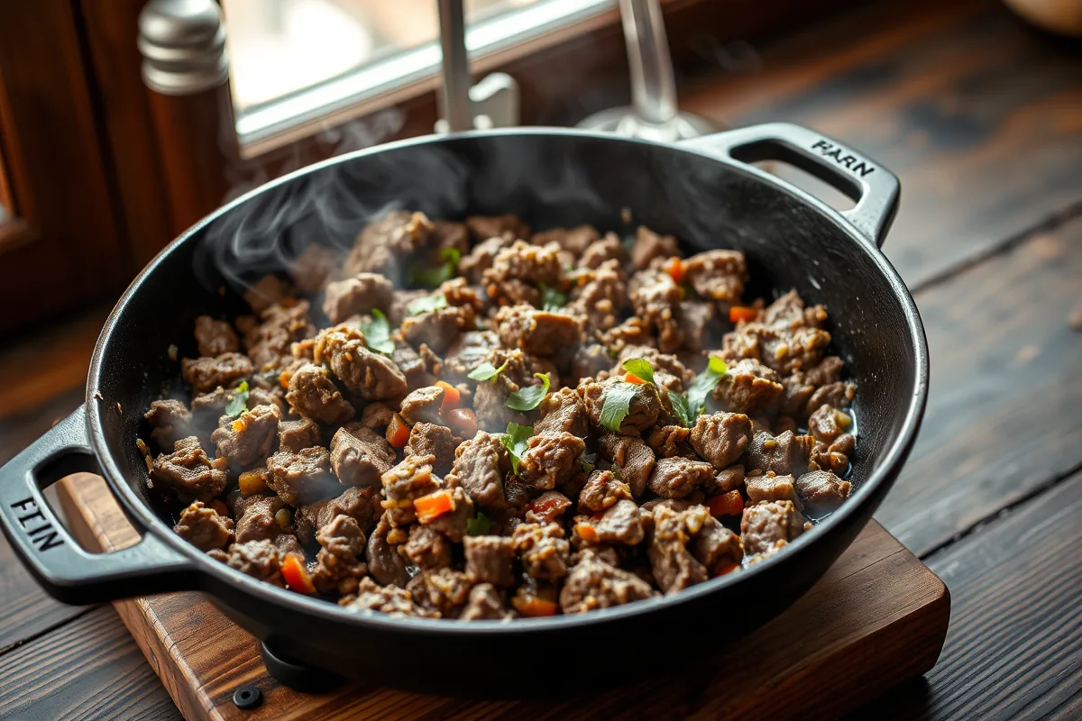 Ground beef browning in a cast-iron skillet for one pan ground beef dinners