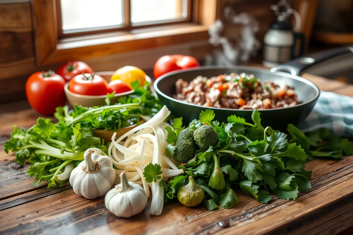 Fresh ingredients for quick ground beef dinners under 20 minutes laid out on the counter