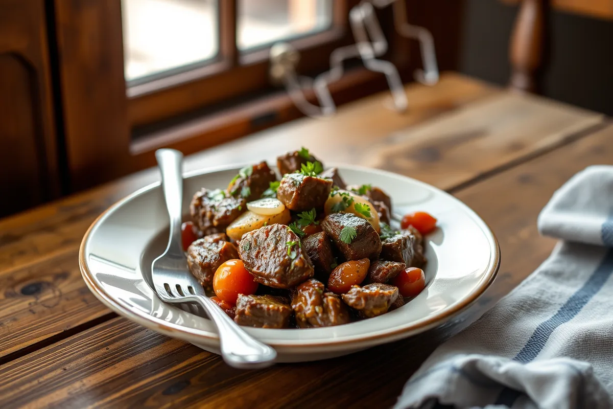 A plated serving of quick ground beef dinners under 20 minutes with a fork