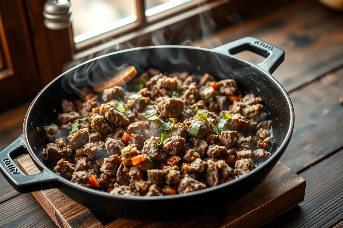 Ground beef browning in a cast-iron skillet for quick ground beef dinners under 20 minutes